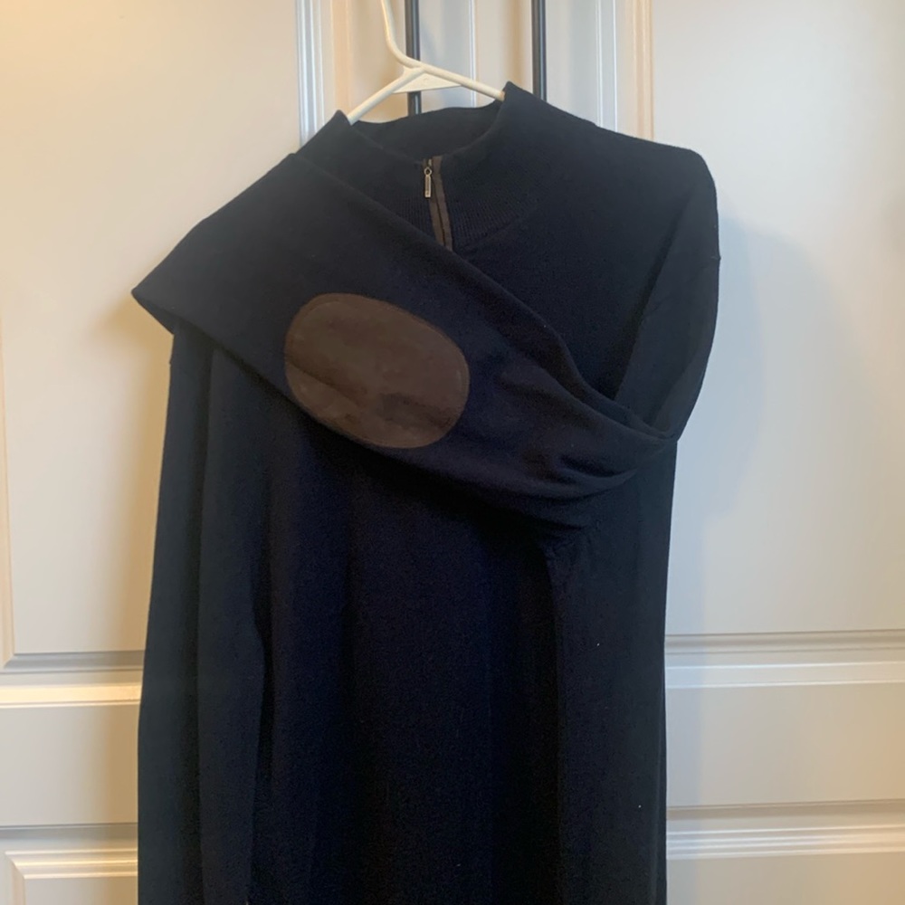 Navy blue sweater with brown suede elbow patches